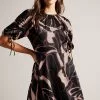 Ted Baker Gilliaa Black Printed Mini Fit And Flare Dress With Puff Sleeve