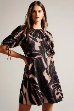 Ted Baker Gilliaa Black Printed Mini Fit And Flare Dress With Puff Sleeve