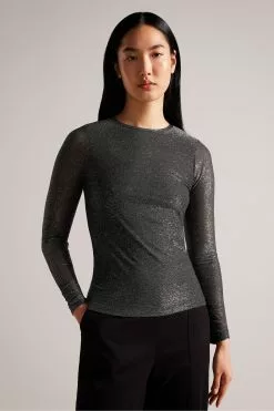 Ted Baker Genini Glitsy Black Long Sleeve Top With Gathering
