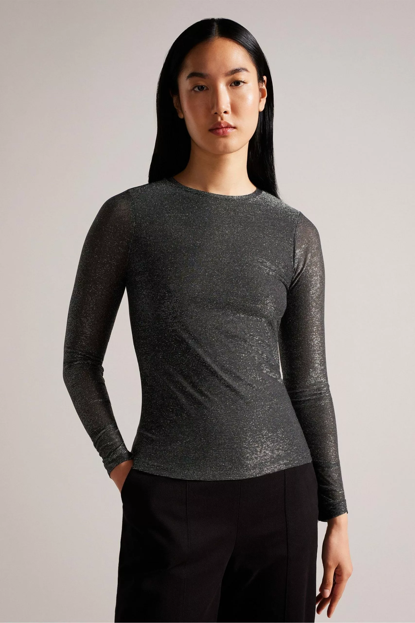 Ted Baker Genini Glitsy Black Long Sleeve Top With Gathering