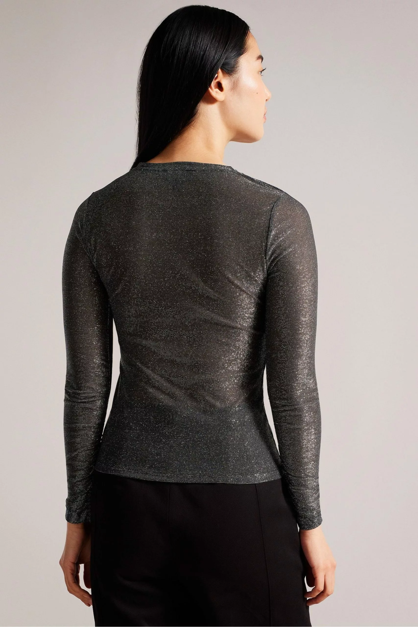 Ted Baker Genini Glitsy Black Long Sleeve Top With Gathering - Image 2