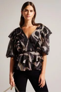 Ted Baker Jasmyna Ruffle V-Neck Black Top With Tie Waist