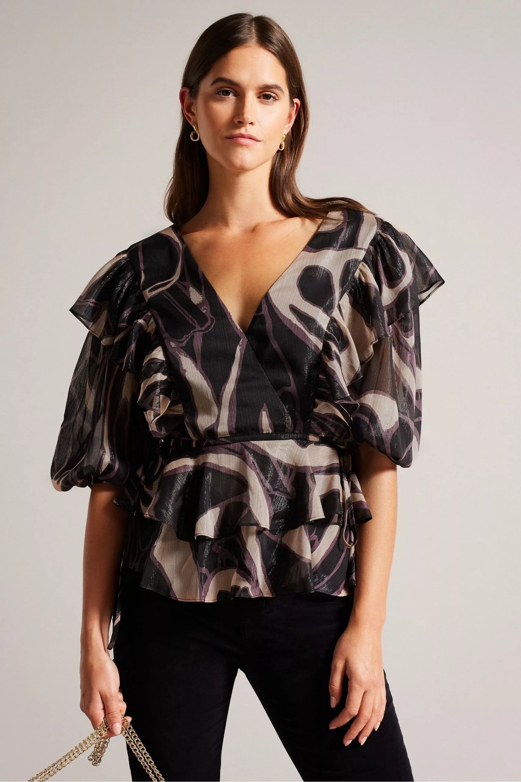 Ted Baker Jasmyna Ruffle V-Neck Black Top With Tie Waist