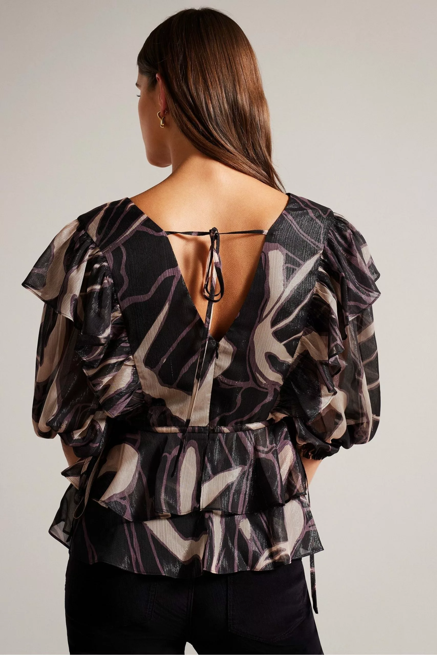 Ted Baker Jasmyna Ruffle V-Neck Black Top With Tie Waist - Image 2