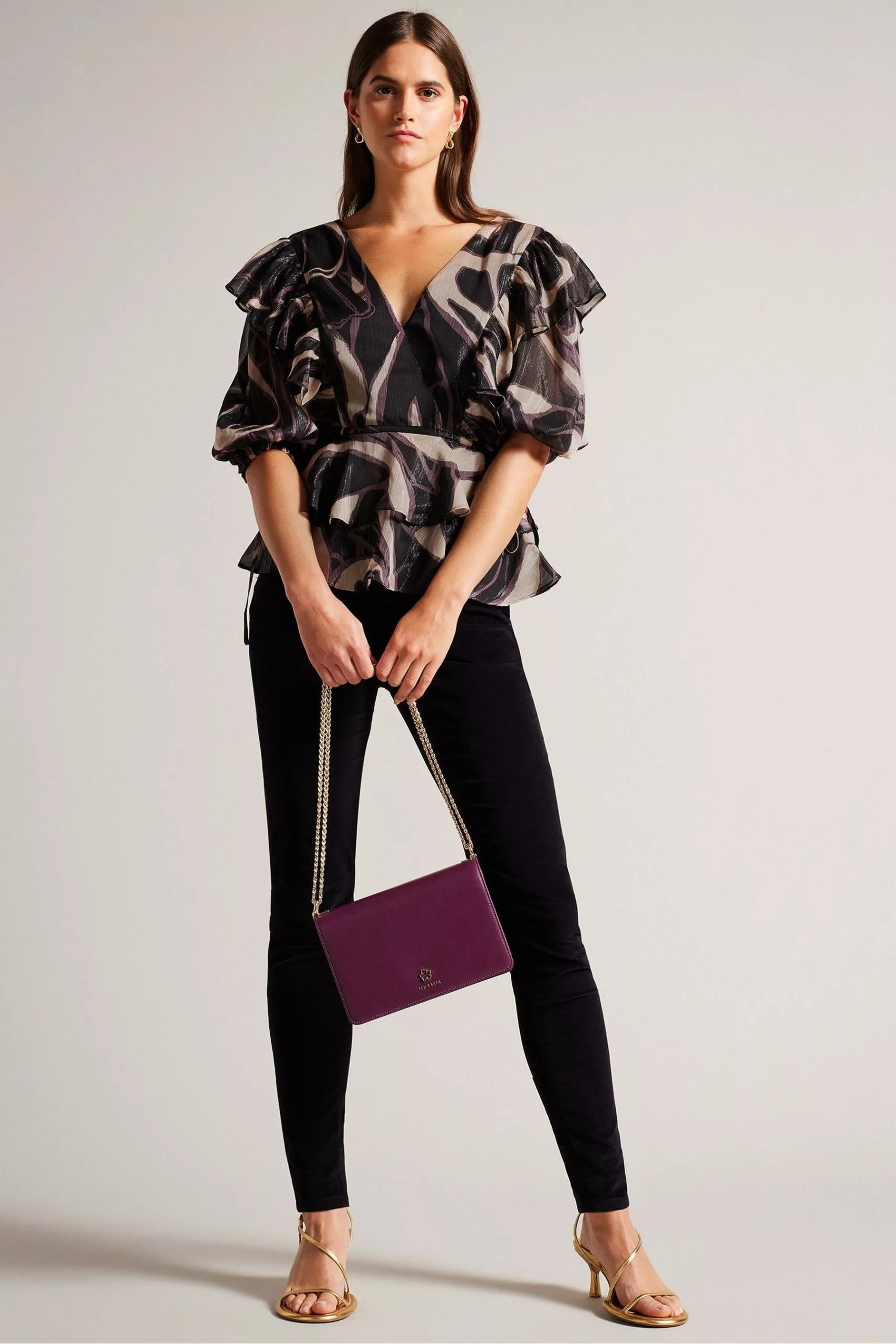 Ted Baker Jasmyna Ruffle V-Neck Black Top With Tie Waist - Image 3