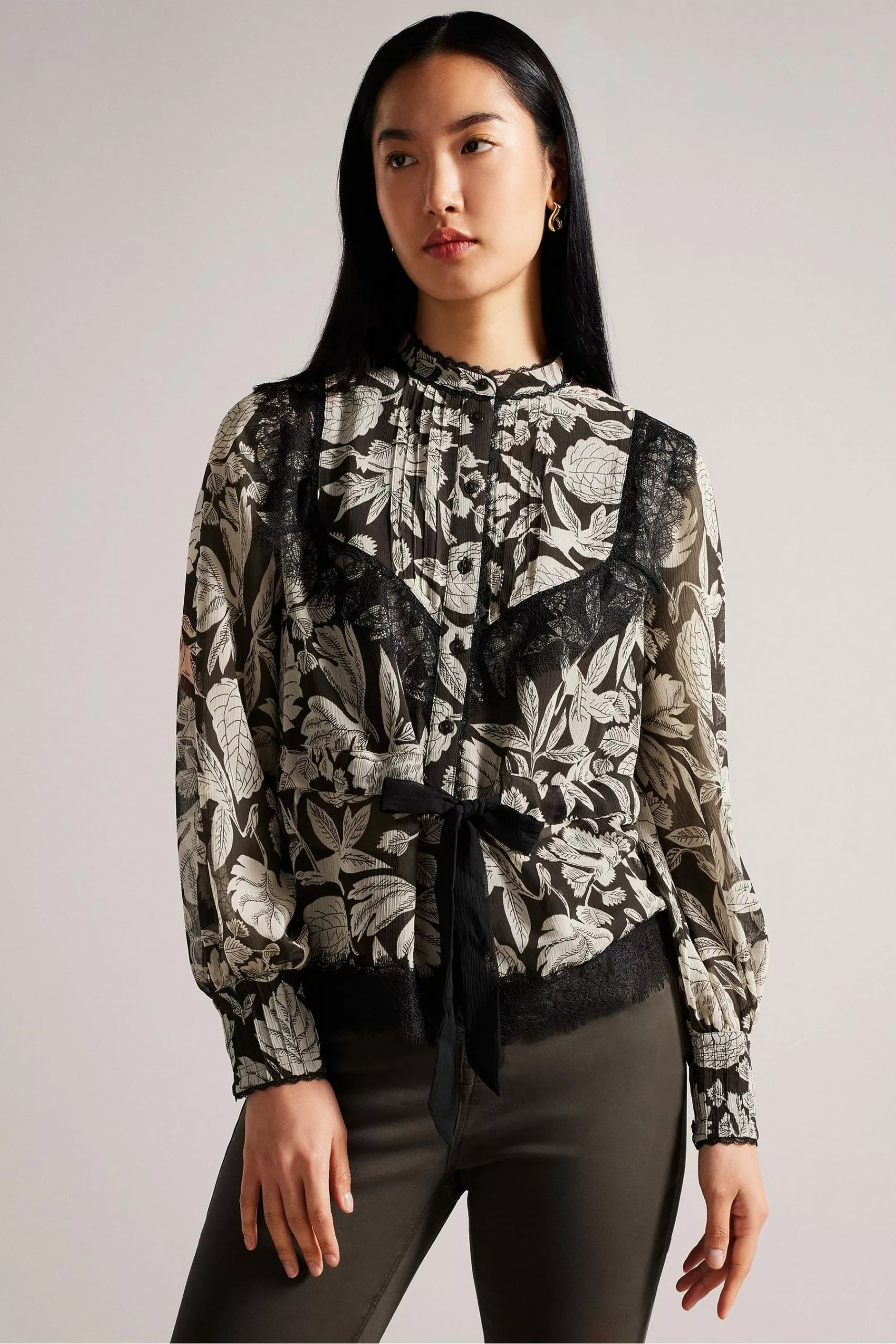 Ted Baker Alness Drawstring Waist Brown Blouse With Contrast Lace