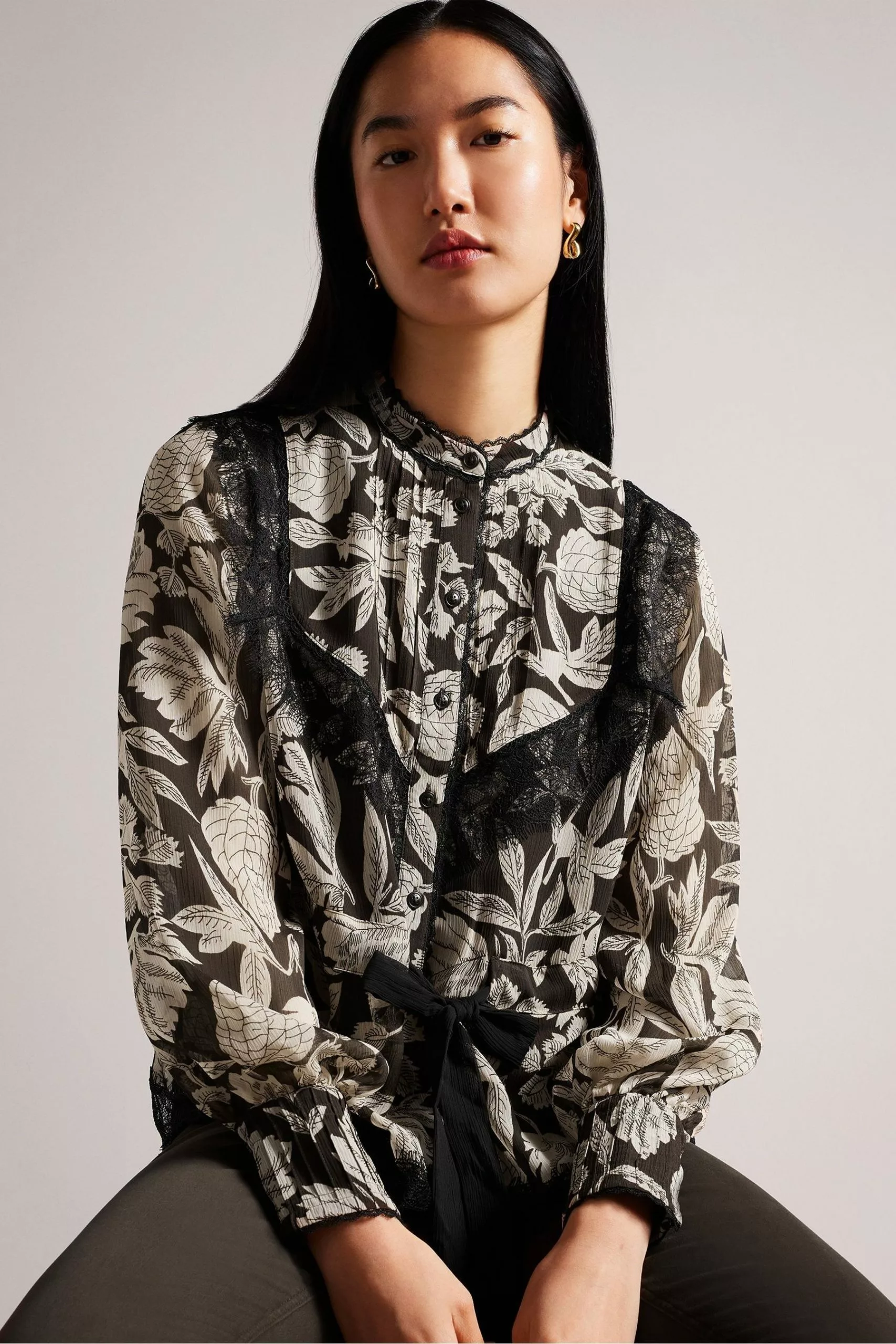 Ted Baker Alness Drawstring Waist Brown Blouse With Contrast Lace - Image 2