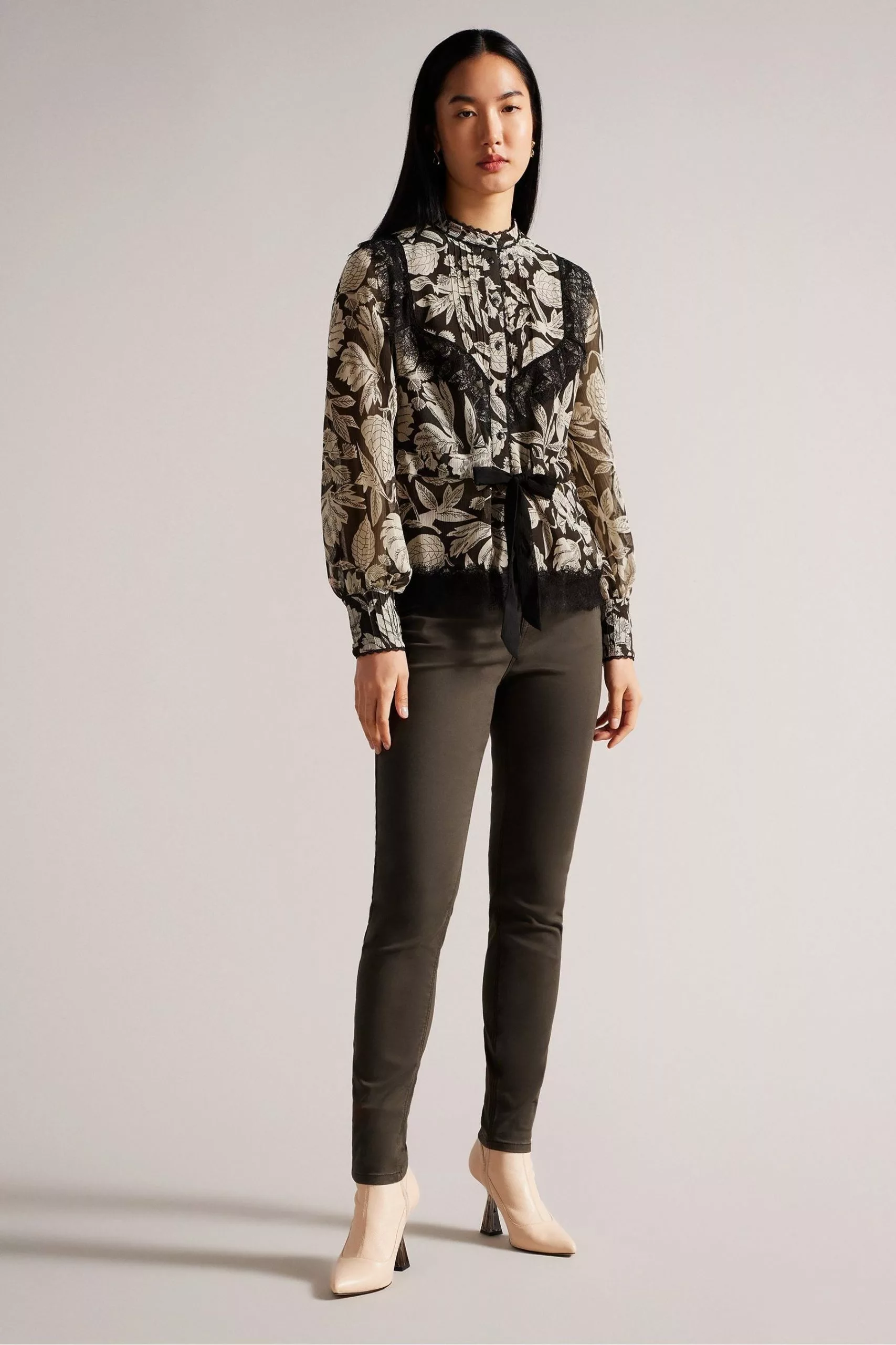 Ted Baker Alness Drawstring Waist Brown Blouse With Contrast Lace - Image 3