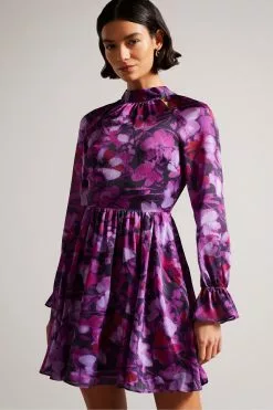 Ted Baker Purple Sammieh High Neck Fit And Flare Mini Dress