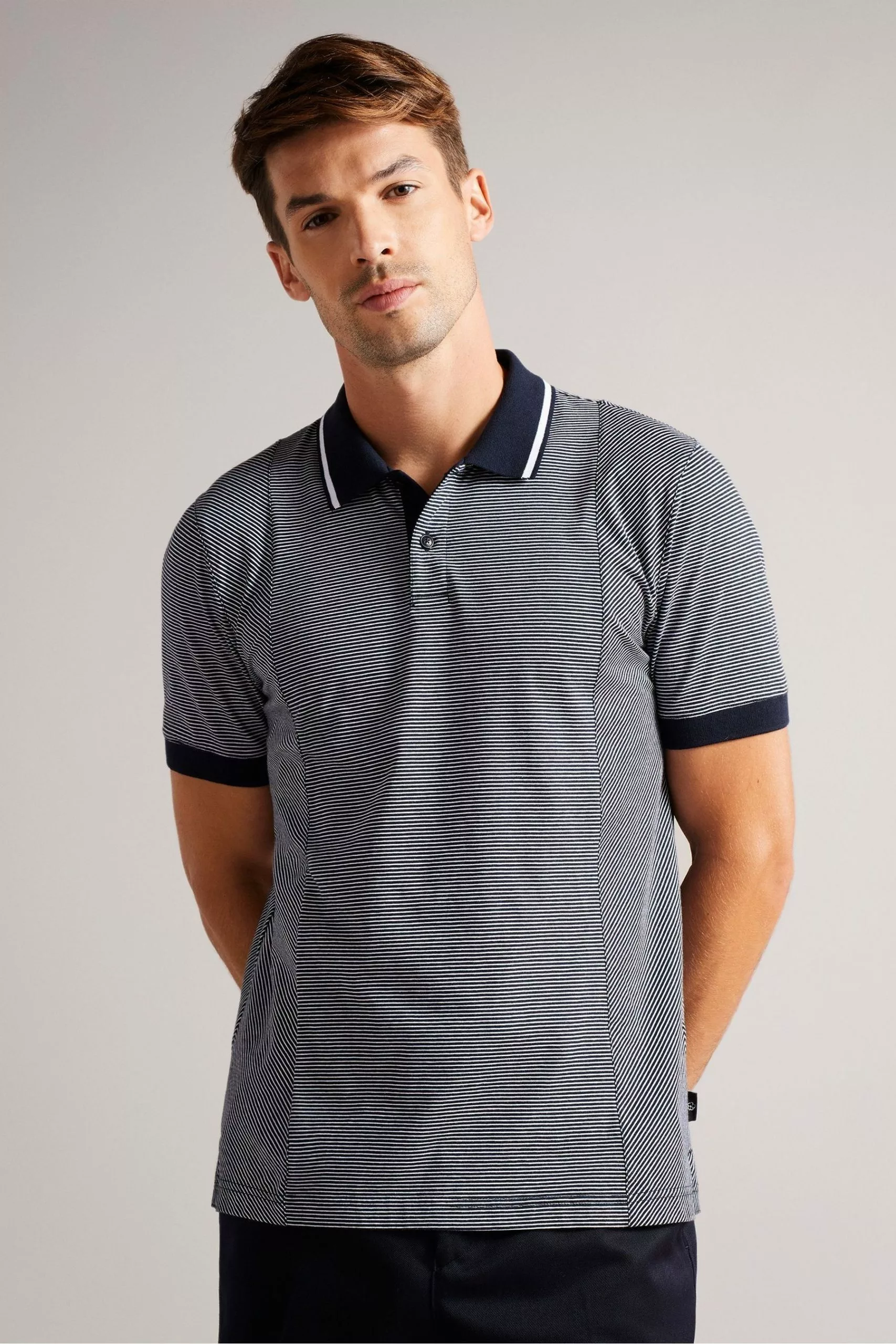 Ted Baker Navy Blue Taigaa Regular Striped Panelled Polo Shirt