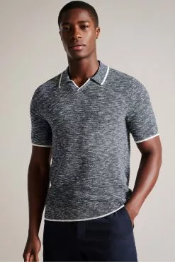 Ted Baker Blue Regular Planter Marl Open Collar Polo Shirt
