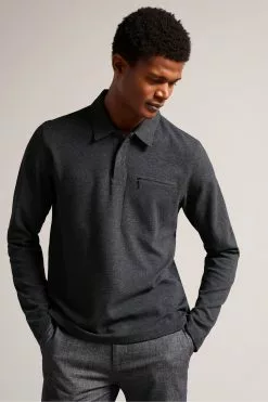 Ted Baker Grey Wavelo Long Sleeve Regular Fit Polo Shirt