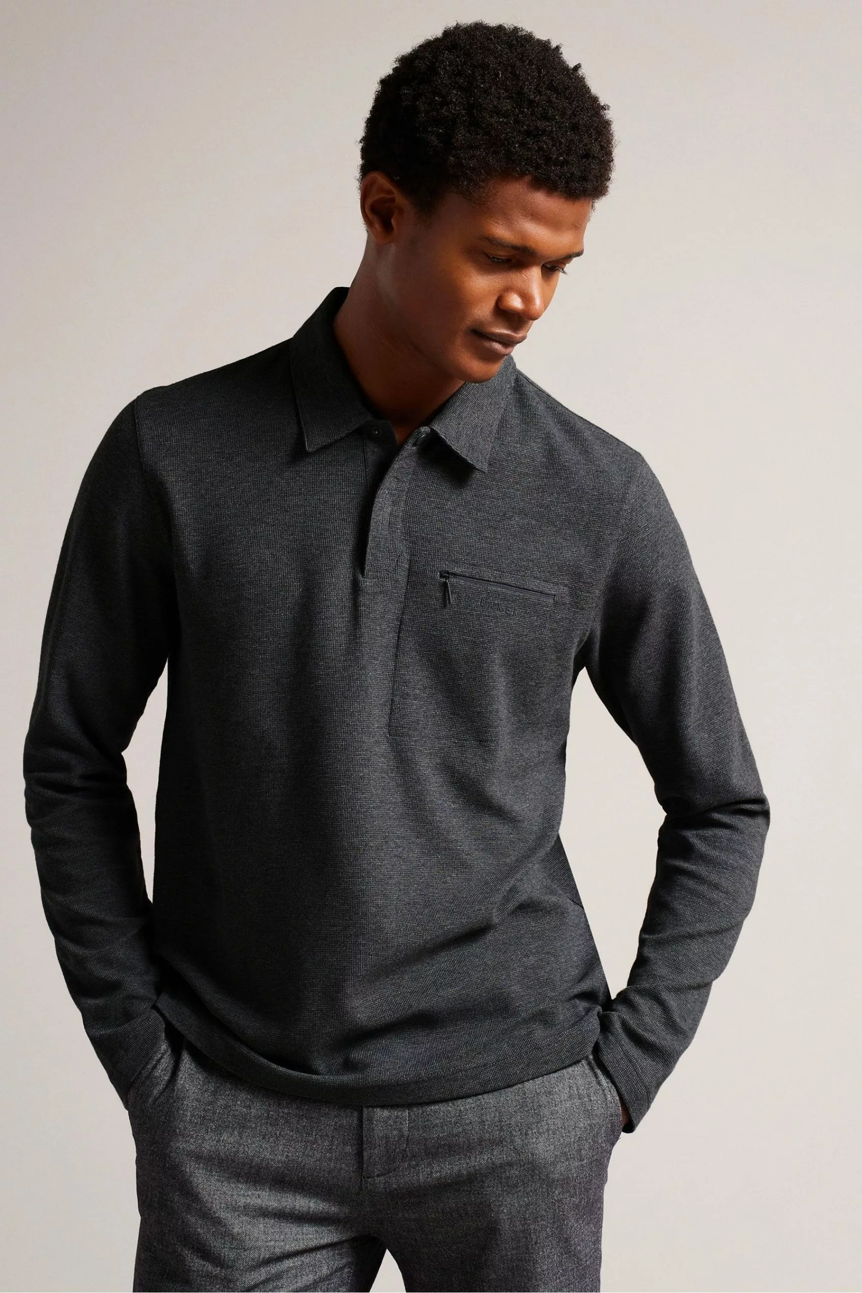 Ted Baker Grey Wavelo Long Sleeve Regular Fit Polo Shirt