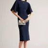 Ted Baker Lounia Blue Fluted Sleeve Knitted Bodycon Midi Dress