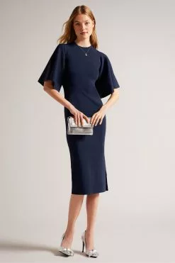 Ted Baker Lounia Blue Fluted Sleeve Knitted Bodycon Midi Dress