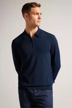 Ted Baker Viba Navy Regular Half Zip Rayon Polo Shirt