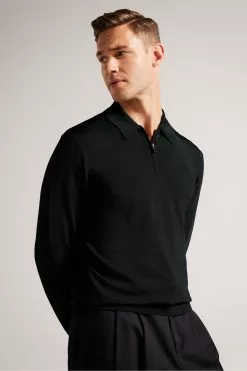 Ted Baker Viba Black Regular Half Zip Rayon Polo Shirt