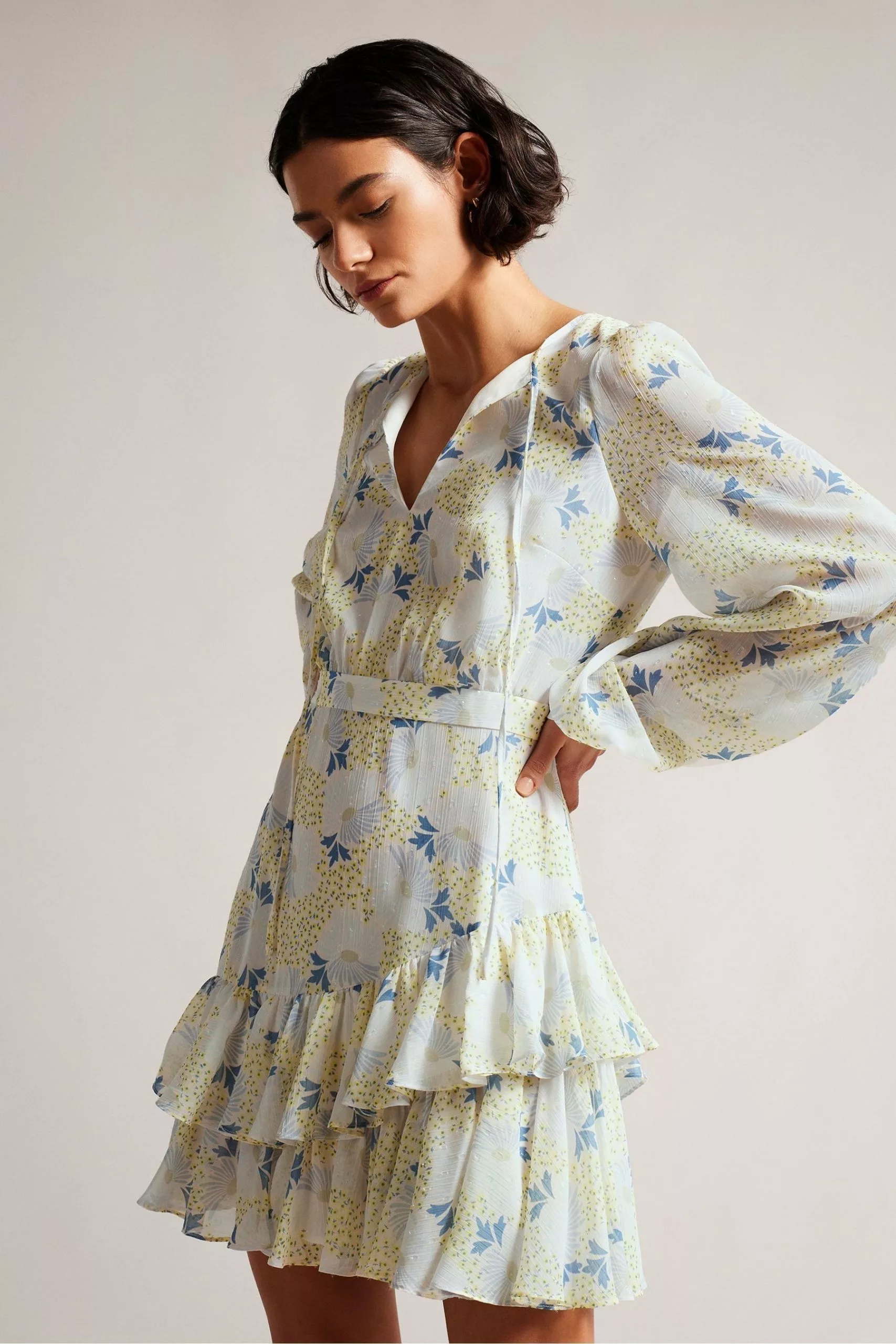 Ted Baker Sky Blue Suziiee Waisted Asymmetric Ruffles Mini Dress