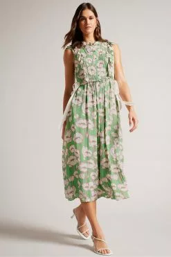 Ted Baker Green Tindraa Sleeveless Frilled Midi Dress