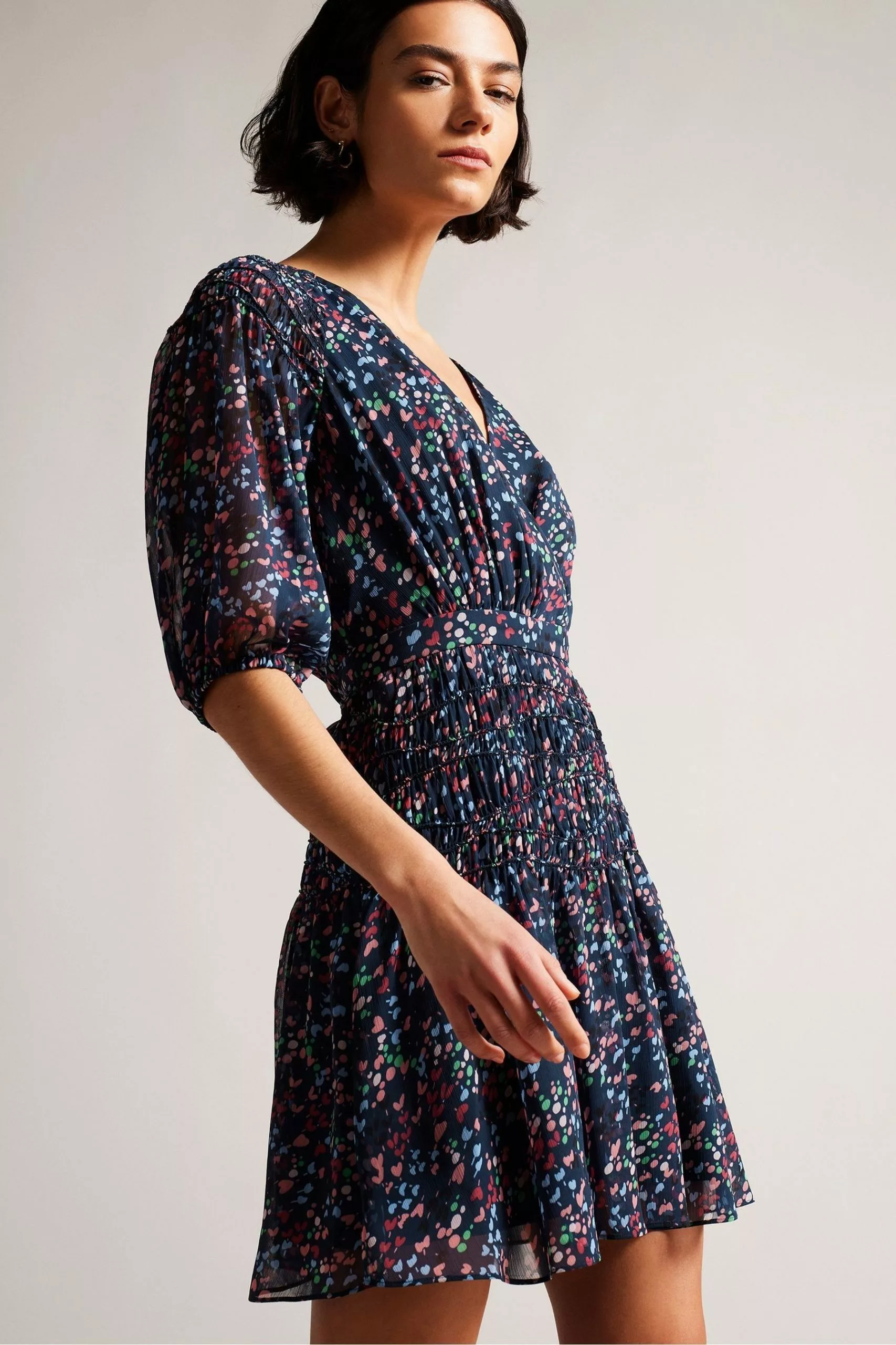 Ted Baker Blue Casadee Dk Navy Smock Panel Wrap Mini Dress