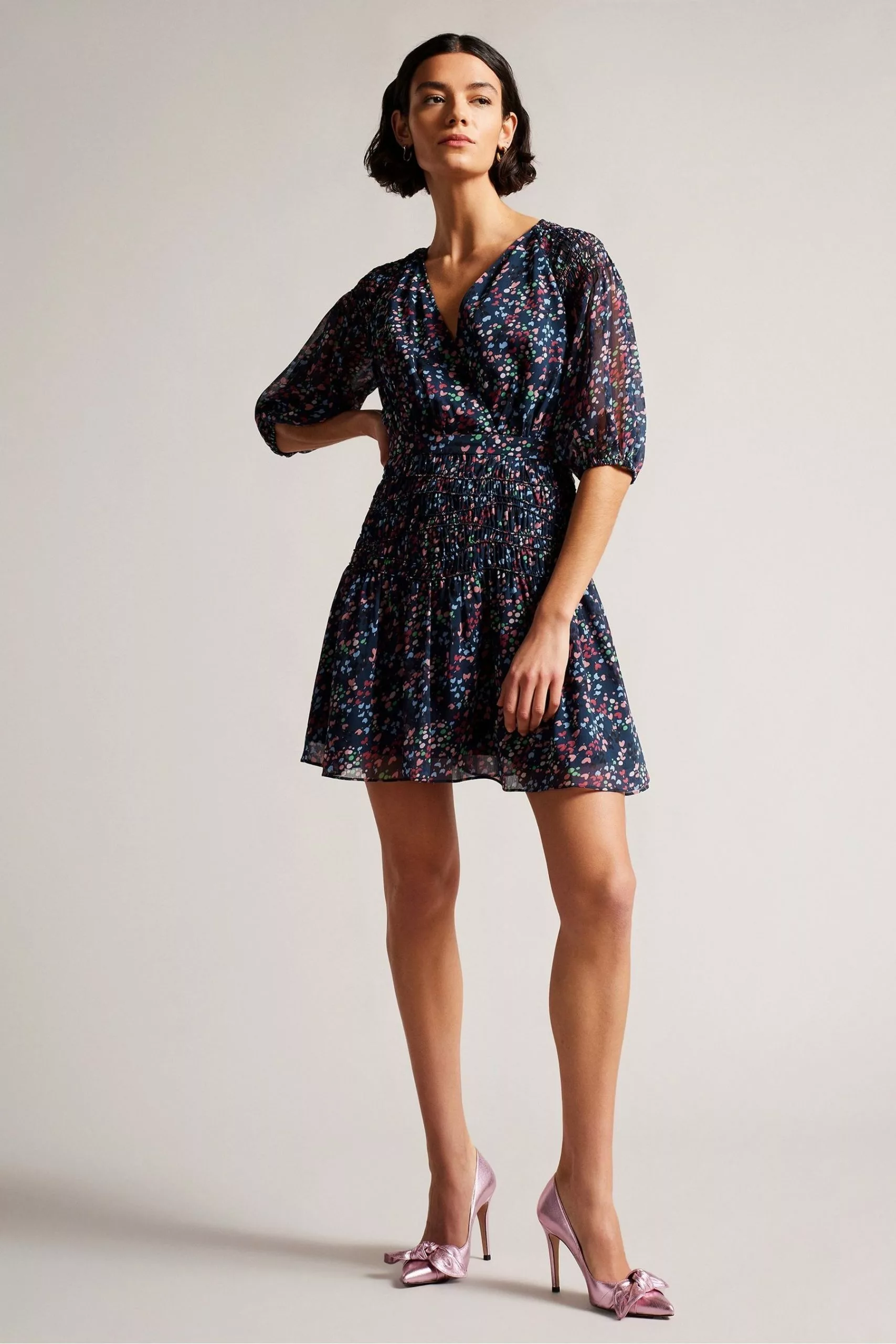Ted Baker Blue Casadee Dk Navy Smock Panel Wrap Mini Dress - Image 3