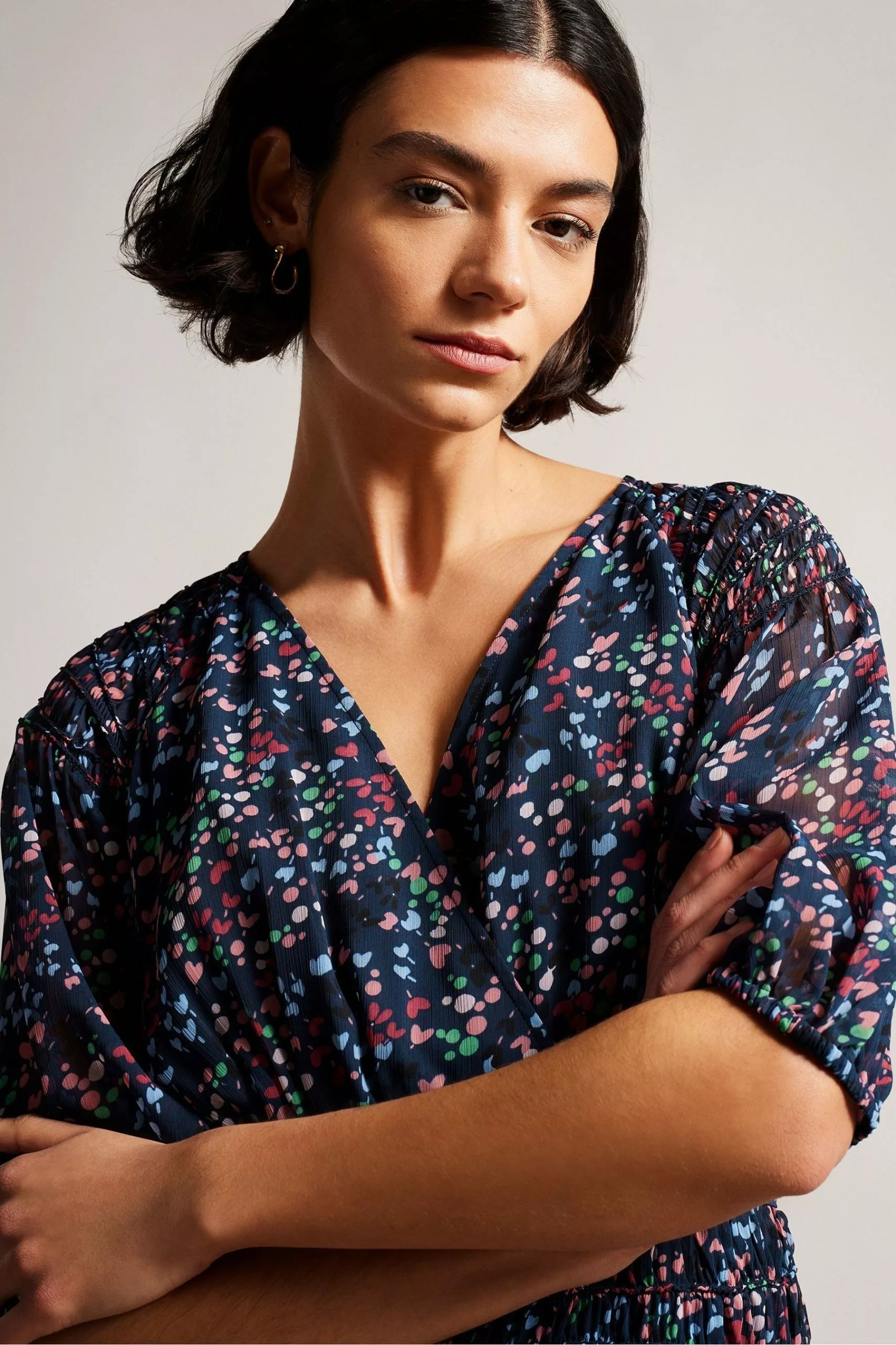 Ted Baker Blue Casadee Dk Navy Smock Panel Wrap Mini Dress - Image 4