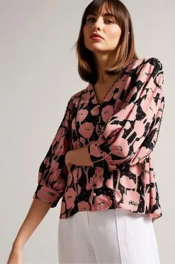 Ted Baker Stephii V-Neck Blouson Sleeve Black Blouse