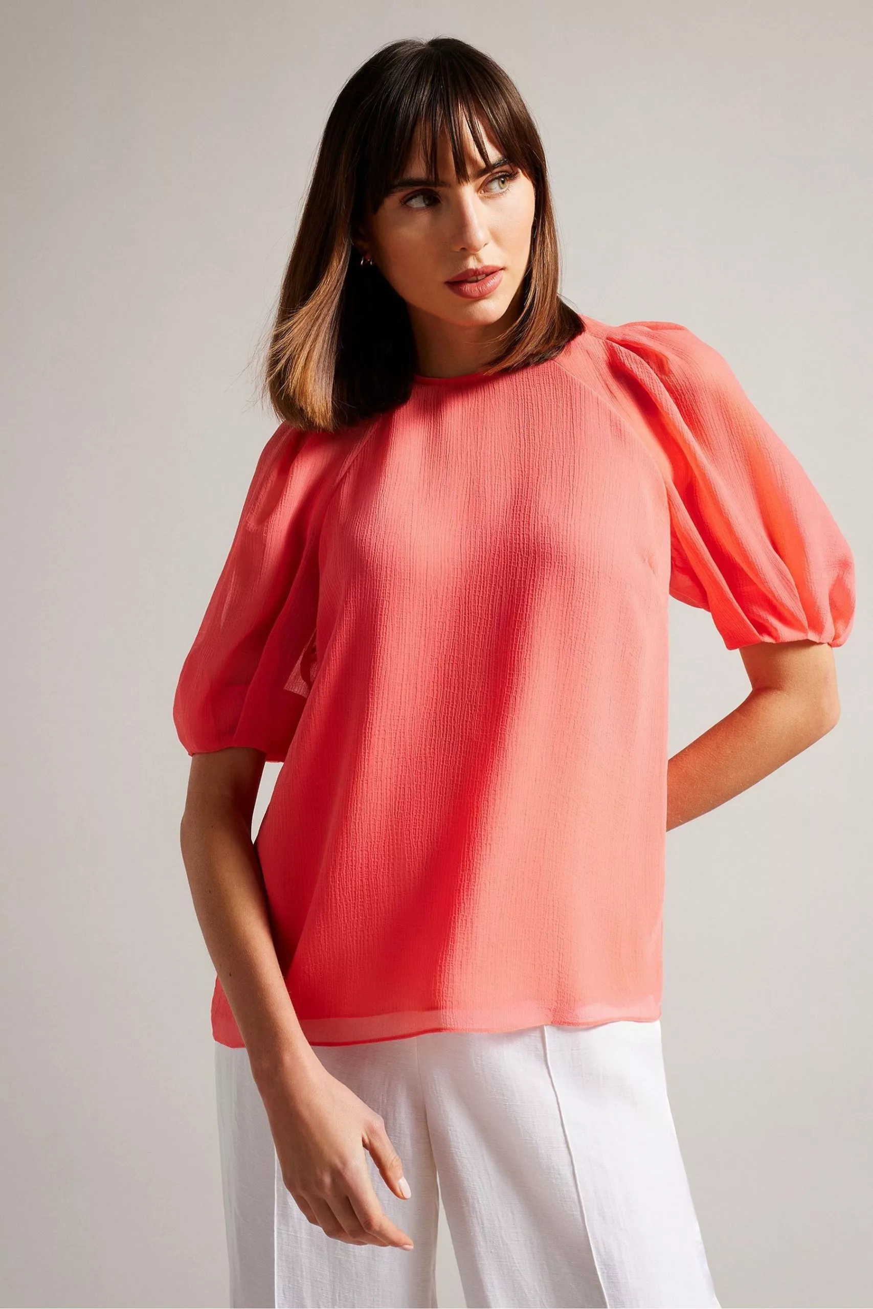 Ted Baker Pink Natelie Coral Boxy Top With Puff Sleeves
