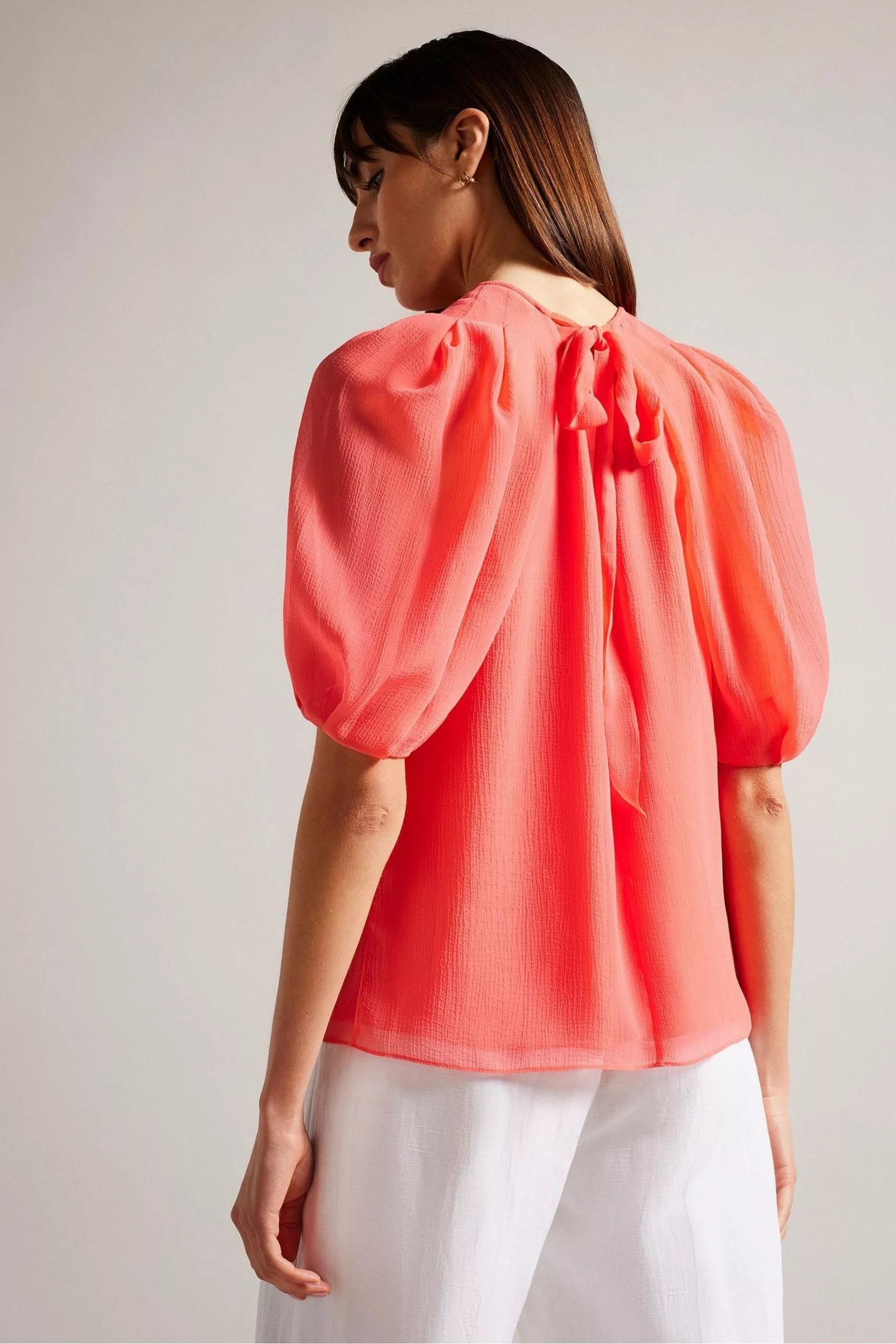 Ted Baker Pink Natelie Coral Boxy Top With Puff Sleeves - Image 2