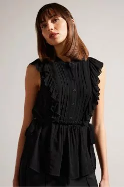 Ted Baker Evalie Sleeveless Frilled Black Top