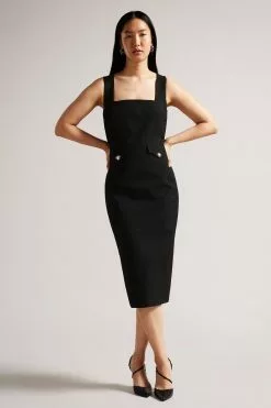Ted Baker Josiaa Black Square Neck Military Detail Midi Dress