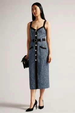 Ted Baker Diniiad Blue Boucle Fitted Midi Dress
