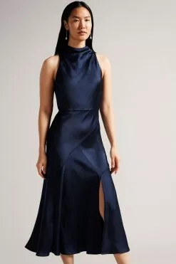 Ted Baker Blue Lilymay Dk Cowl Neck Bias Cut Midi Dress