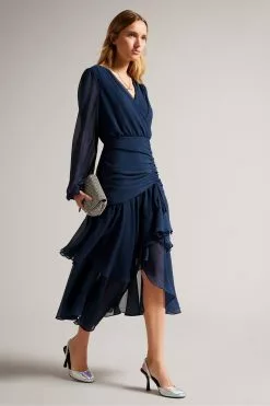 Ted Baker Kiali Blue Long Sleeve Midi Dress With Ruched Detail