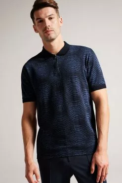 Ted Baker Blue Ono Short Sleeved Jacquard Distorted Spot Polo Shirt