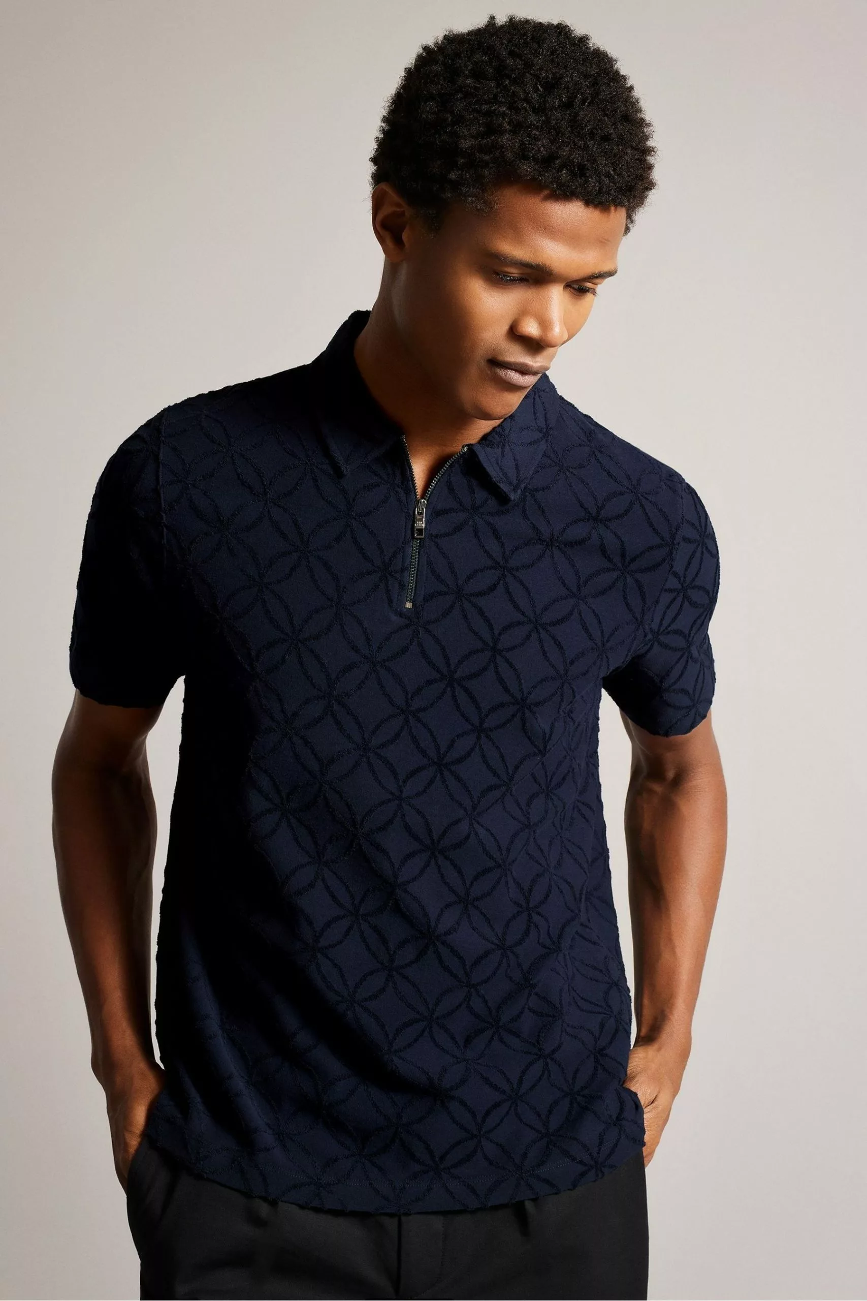 Ted Baker Blue Maroc Short Sleeved Regular Zip Jacquard Polo