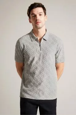 Ted Baker Grey Maroc Marl Short Sleeved Regular Zip Jacquard Polo