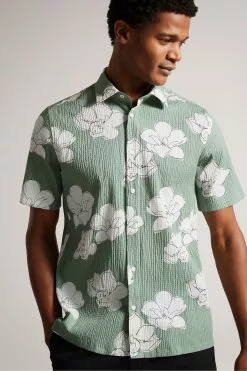 Ted Baker Green Coving Short Sleeve Seersucker Floral Print Shirt