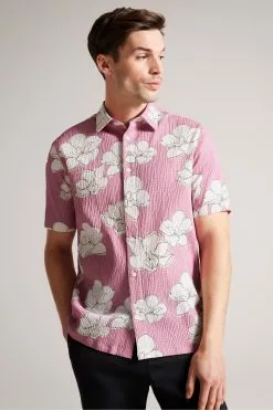 Ted Baker Pink Coving Short Sleeve Seersucker Floral Print Shirt