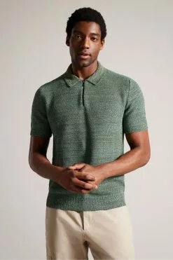 Ted Baker Green Blossam Regular Textured Zip Polo Shirt