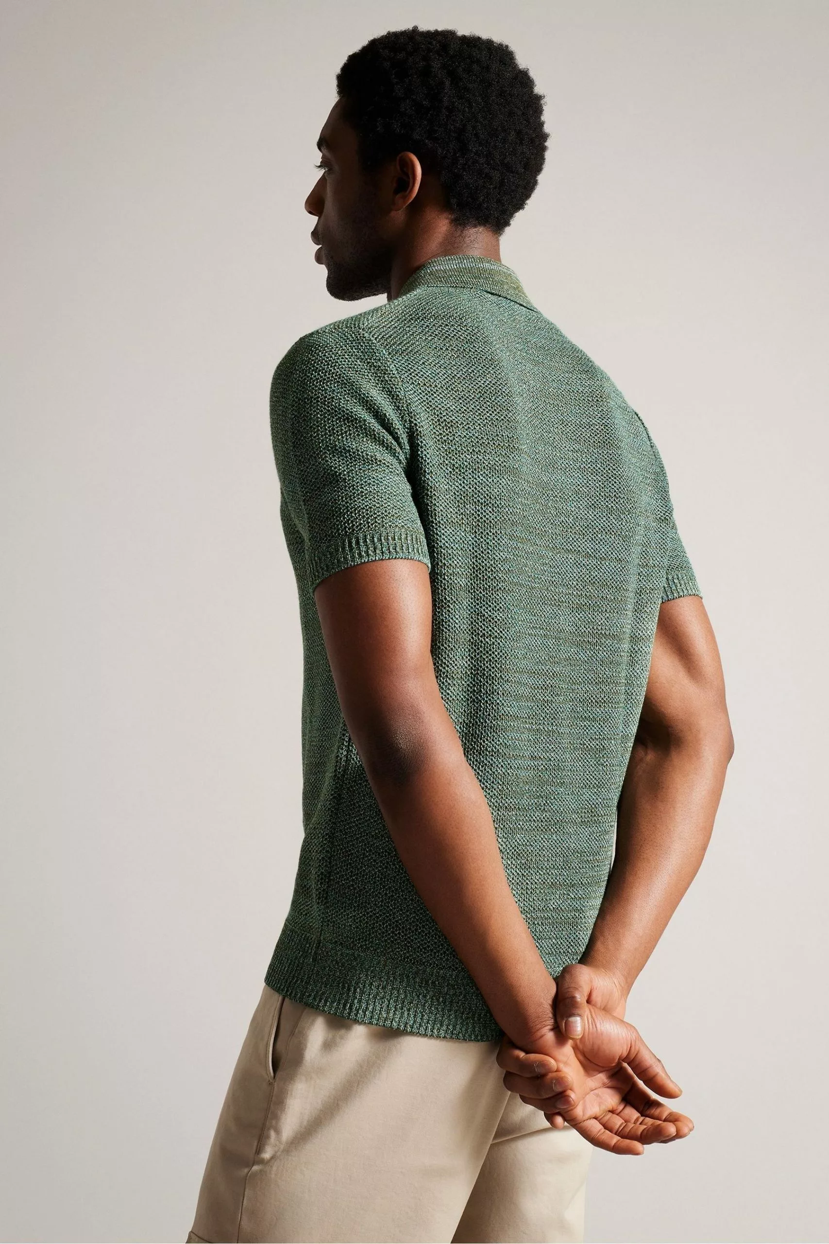 Ted Baker Green Blossam Regular Textured Zip Polo Shirt - Image 2