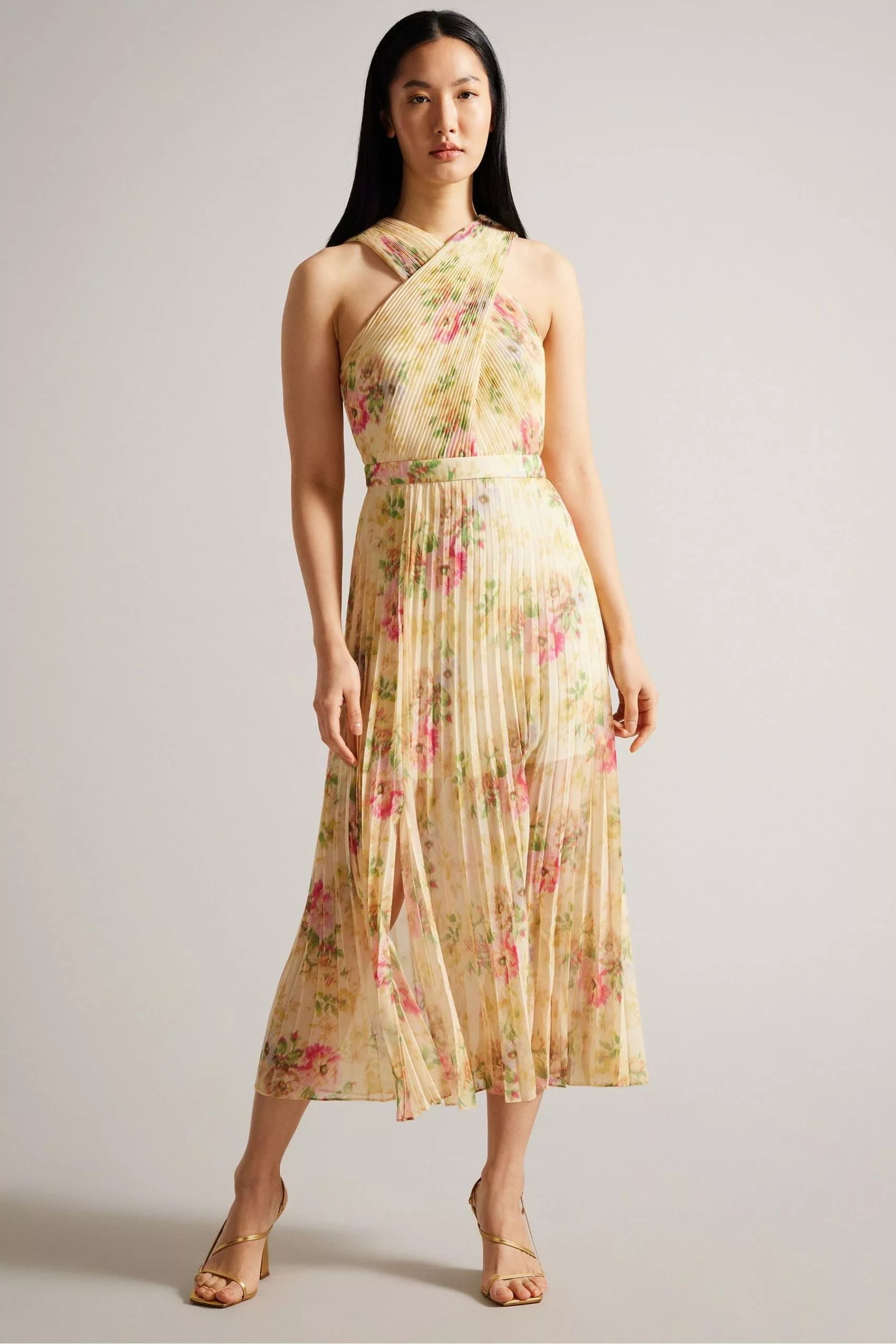 Ted Baker Natural Amerah Tan Cross Front Pleated Midi Dress