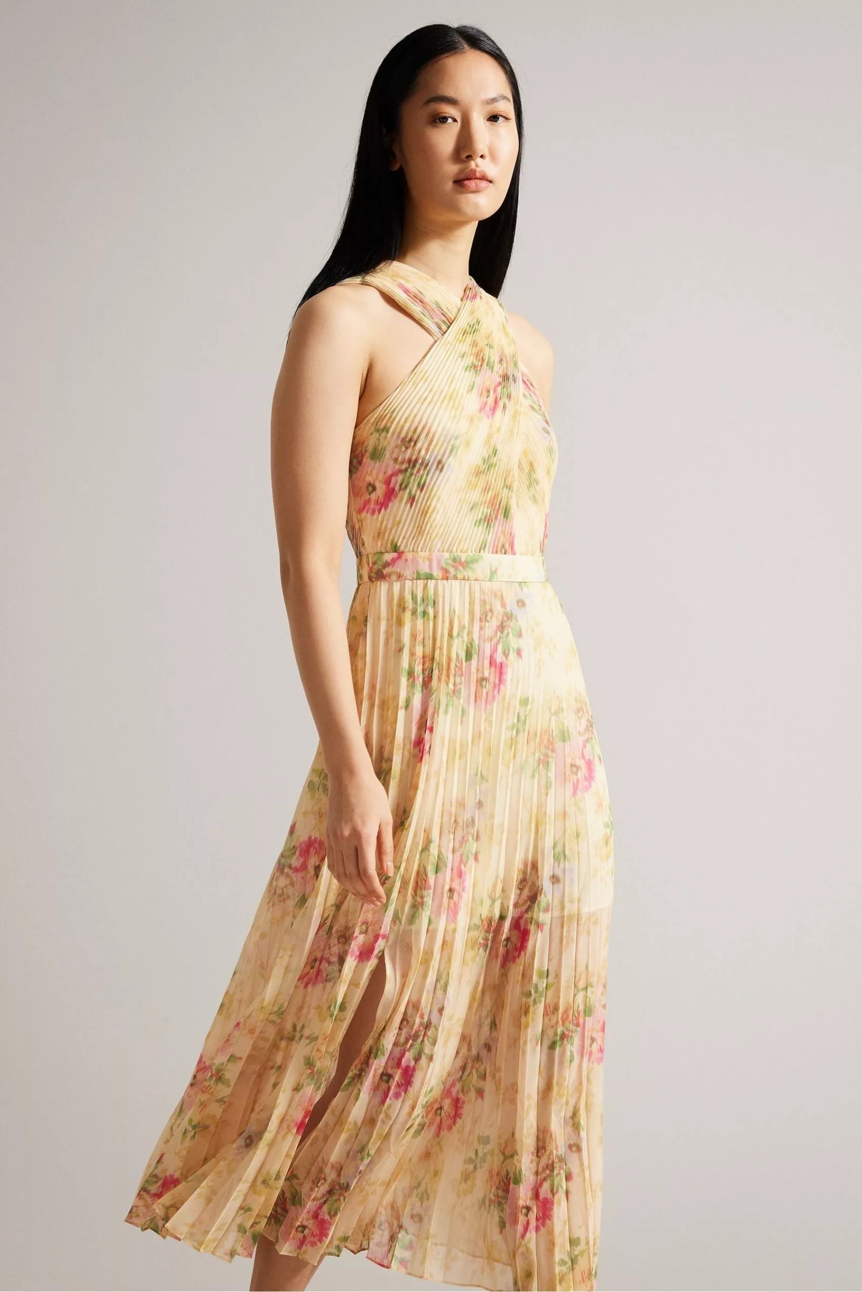 Ted Baker Natural Amerah Tan Cross Front Pleated Midi Dress - Image 3