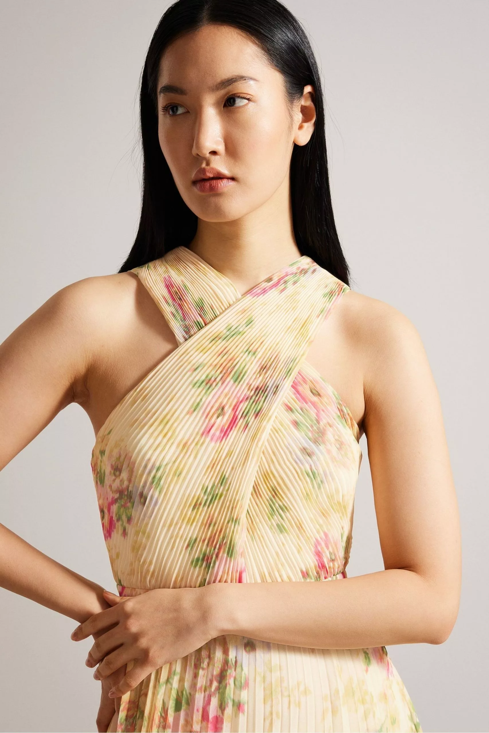 Ted Baker Natural Amerah Tan Cross Front Pleated Midi Dress - Image 4