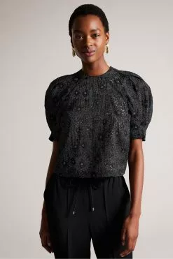 Ted Baker Ingriid Black Boxy Puffed Sleeve Top