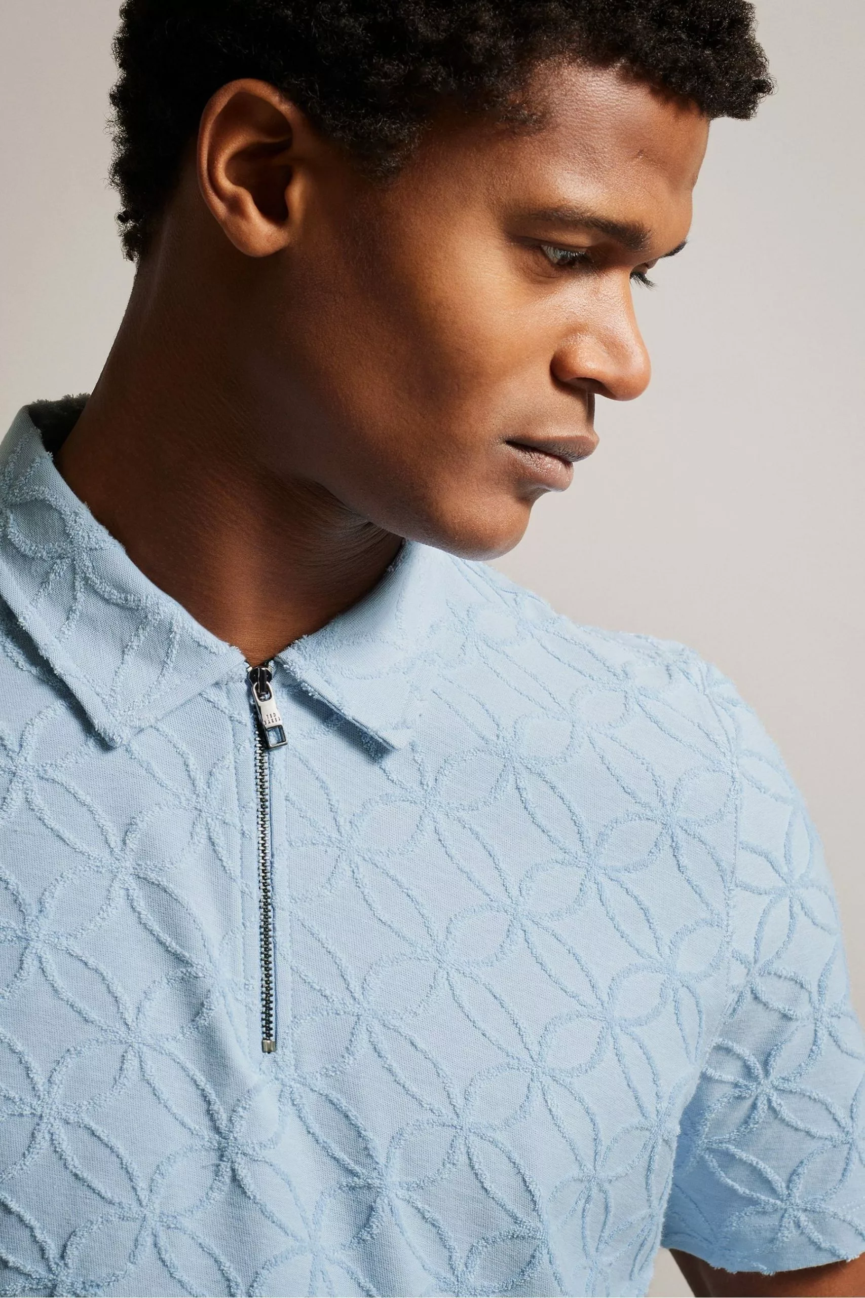 Ted Baker Blue Maroc Short Sleeved Regular Zip Jacquard Polo Shirt - Image 4