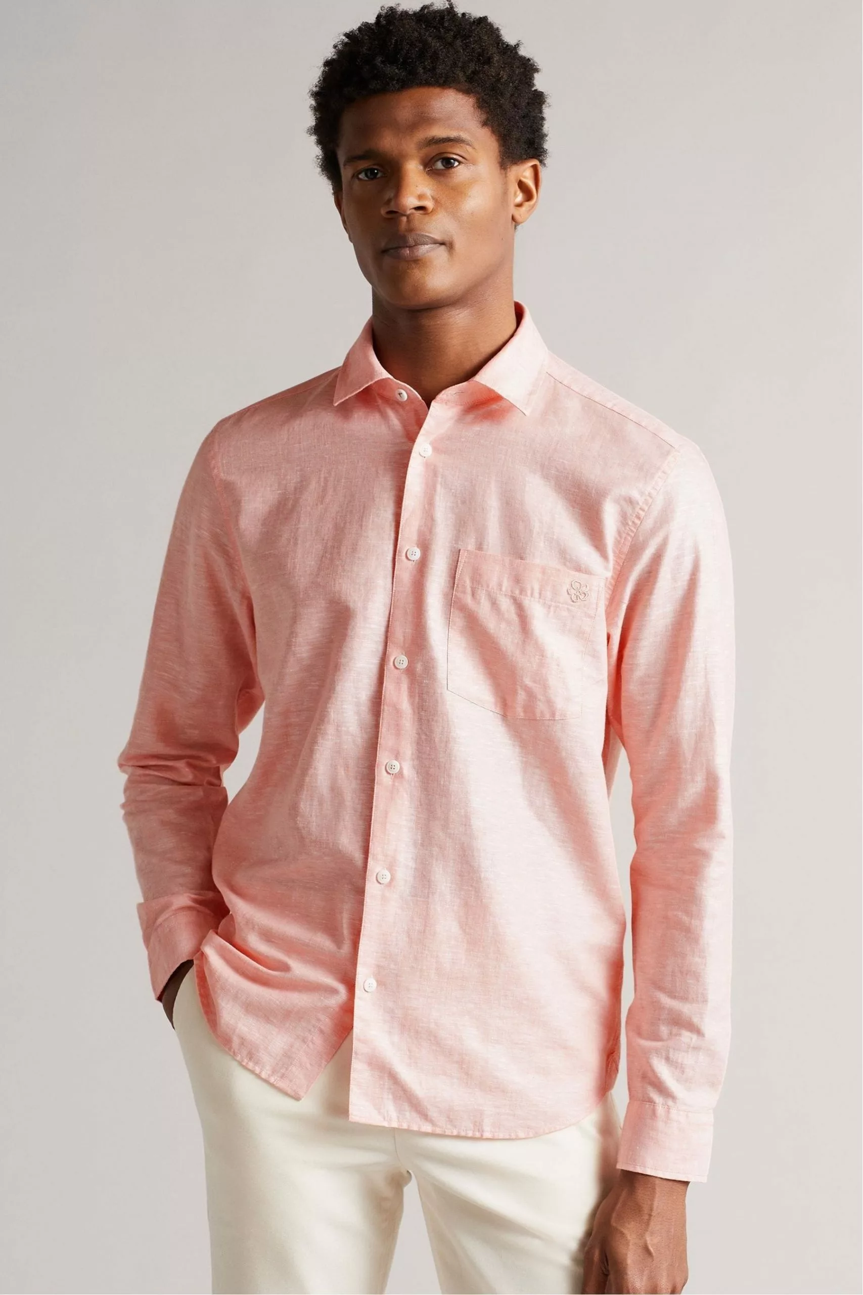 Ted Baker Remark Coral Pink Long Sleeve Linen Shirt