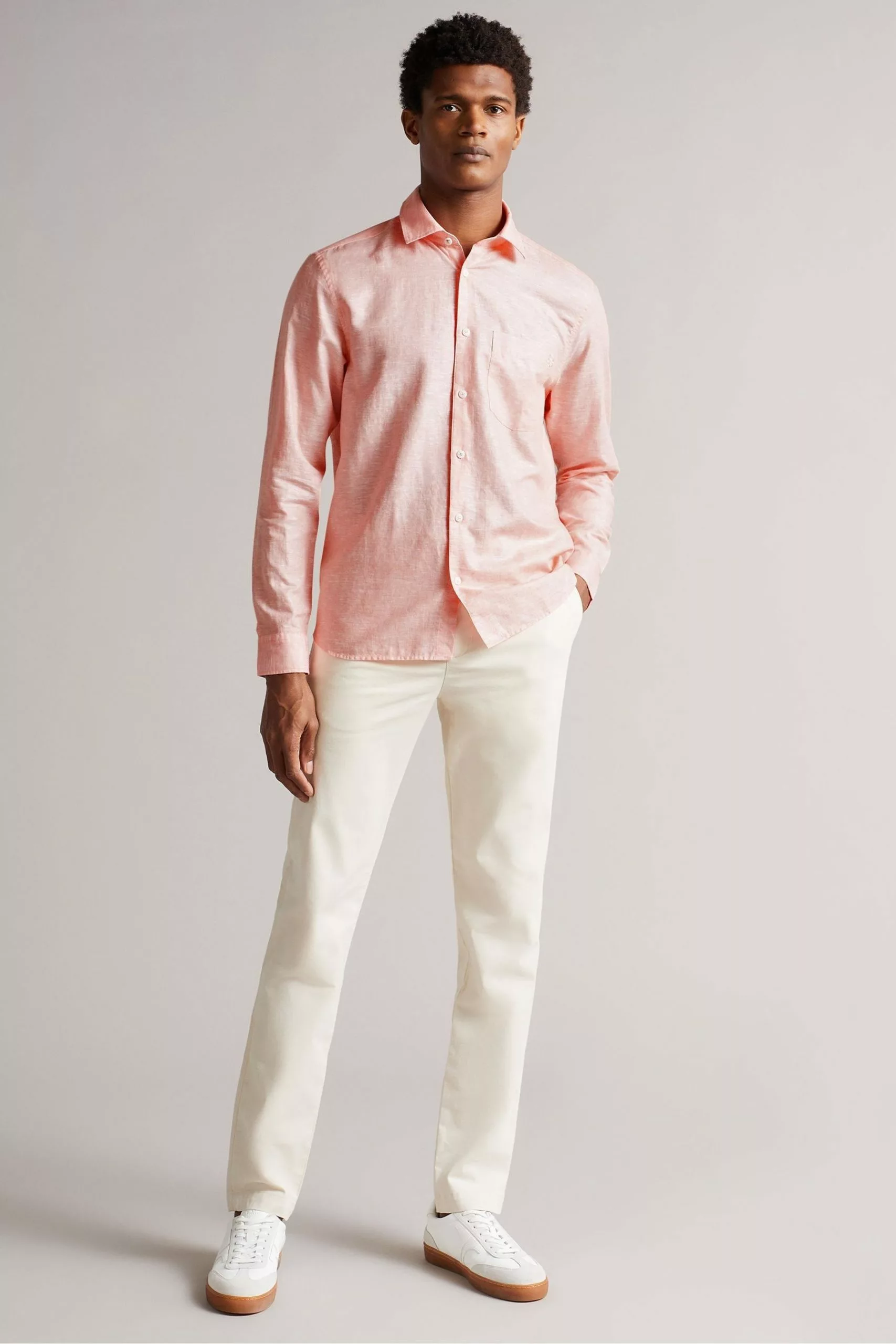 Ted Baker Remark Coral Pink Long Sleeve Linen Shirt - Image 5