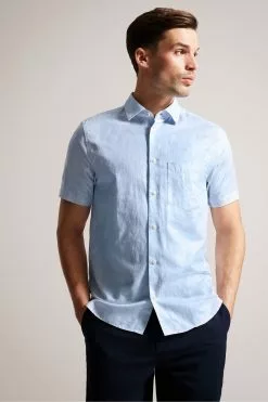 Ted Baker Blue Kingfrd Short Sleeve Linen Shirt
