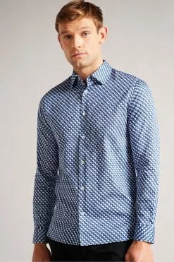 Ted Baker Blue Barder Long Sleeve Stretch Geo Shirt